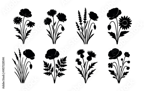 Poppy and wildflower silhouettes icons set – elegant floral designs, nature, botanical, garden. Vector icons set