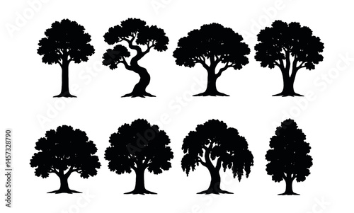 Oak tree silhouette icons set – majestic, nature, forest, botanical, woodland, decorative. Vector icons set