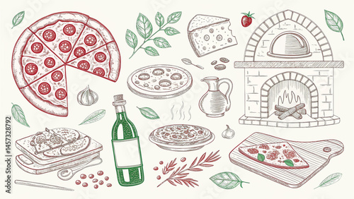 Hand-drawn Italian food doodles with pizza calzones pasta and trattoria ink elements