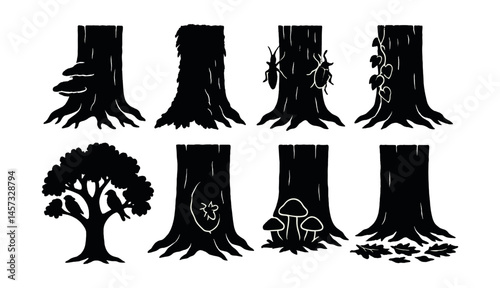 Oak ecosystem icons set – trees, insects, mushrooms, leaves, nature, silhouettes, forest elements. Vector icons set