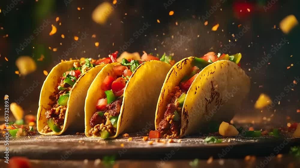 Deliciously arranged tacos filled with seasoned meat, fresh vegetables, and vibrant toppings, set against a colorful, festive background with scattered ingredients