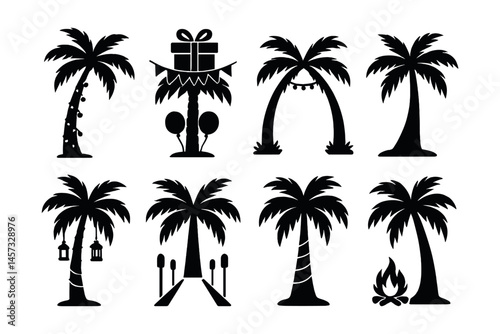 Festive palm tree icons set – party, beach, lanterns, gift, balloons, lights, campfire. Vector icons set