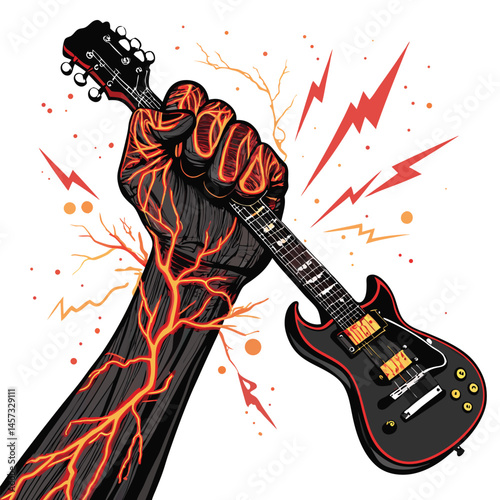 A colossal hand, veins bulging, crushes a vibrant electric guitar, its strings snapping under immense pressure.  The scene is dramatic and surreal.