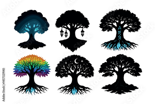 Enchanted fantasy tree icons set – lantern, runes, rainbow, crescent, glowing, mystical. Vector icons set