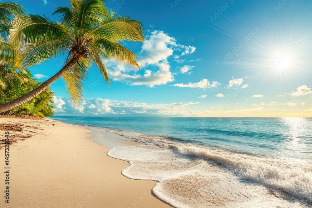 Tropical beach paradise with palm trees, soft sand, and turquoise waves under a bright sunny sky Tropical beach paradise with palm trees, soft sand, and turquoise waves under a bright sunny sky