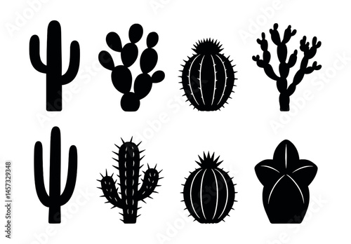 Cactus silhouettes icon set – saguaro, prickly pear, barrel, cholla, succulent. Vector icons set