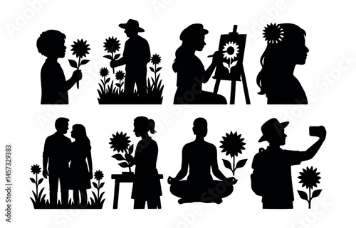 Sunflower silhouette icons set – yoga, painting, romance, nature, selfie, profiles, tranquility. Vector icons set