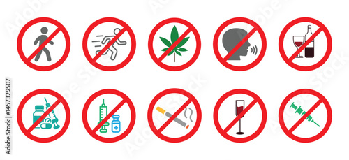 Prohibited Activities and Substances Icons Set—No Drugs, Alcohol, Smoking, or Talking