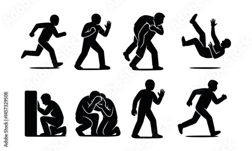 Silhouette action icons set – running, pushing, lifting, falling, escaping, hiding. Vector icons set