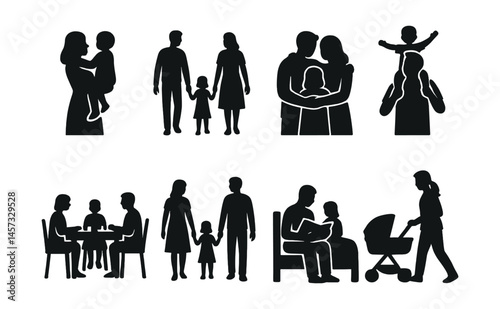 Family silhouette icons set – parenting, togetherness, carriage, bonding, unity, support, care. Vector icons set