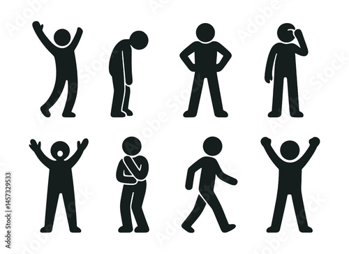 Emotion silhouette icons set – joy, sadness, confidence, thinking, surprise, pain, walking, celebrating. Vector icons set