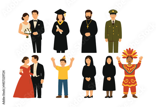 Ceremonial attire icons set – wedding, graduation, clergy, military, traditional, diverse outfits. Vector icons set