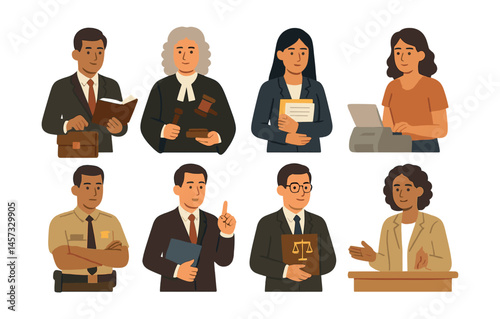 Legal professionals icons set – lawyer, judge, attorney, paralegal, clerk, briefcase, gavel. Vector icons set