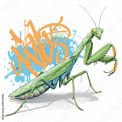 A colossal mantis, its massive holographic claws shimmering, dominates a gritty urban street scene at night.