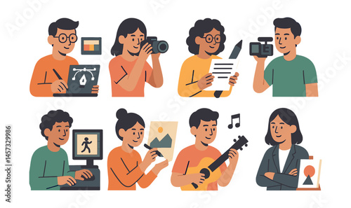 Creative professionals icons set – designer, photographer, writer, editor, musician. Vector icons set