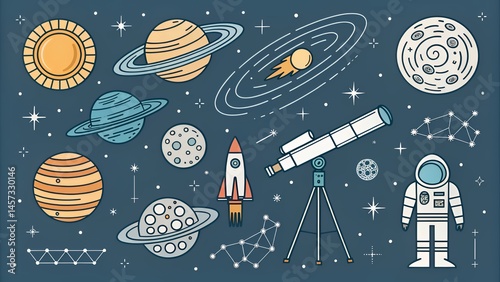 Minimalist space vector set with planets shooting stars galaxies in clean line art