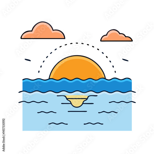 Sunset sunrise ocean sea clouds water wave horizon scenic landscape nature travel vacation vector illustration