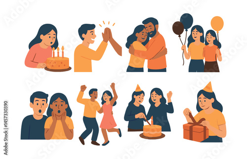Joyful celebration icons set – birthday, cake, hug, gift, balloons, surprise, high-five, party. Vector icons set