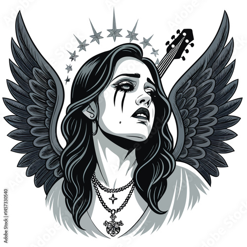 A gothic angel, weeping black tears, with uniquely shaped, tattered wings; dramatic lighting, detailed feathers, sorrowful expression.