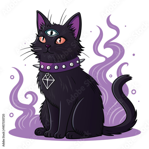 Render a gothic black cat with a third eye on its forehead, wearing a spiked collar; dark, moody lighting; intricate details.