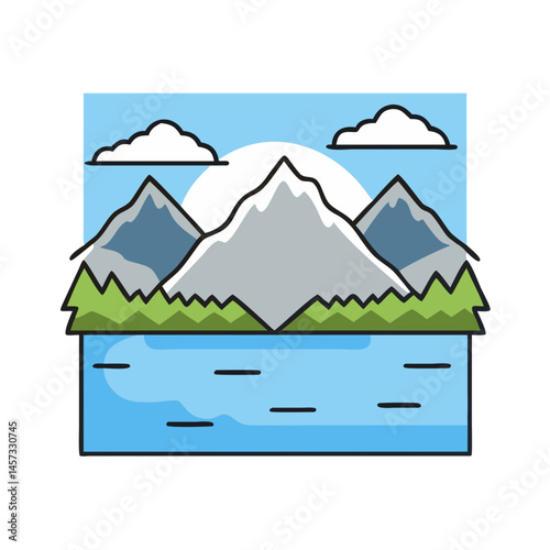 Illustration of mountain range landscape with lake and clouds scenic view nature outdoors travel