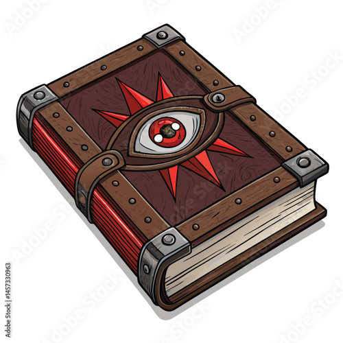 Generate a detailed image of a gothic leather-bound book, featuring a single demonic eye peering from its cover.  The eye should be intricately detailed and menacing.