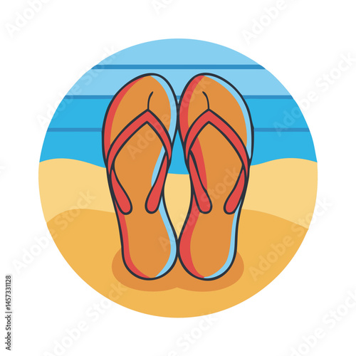 Illustration of beach flip flops on sand near ocean summer vacation footwear design icon 90