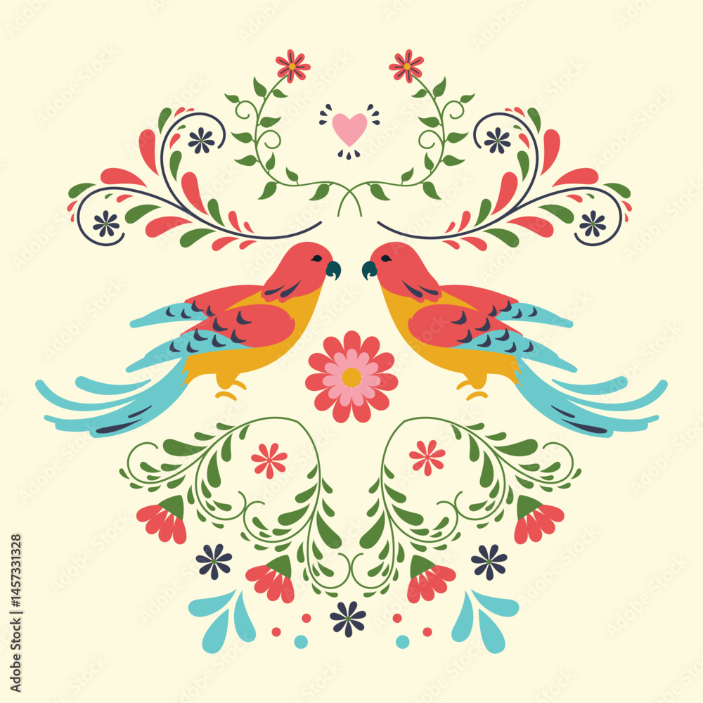 Fototapeta premium Symmetrical folk birds with floral decorative elements in vibrant colors for t-shirt design