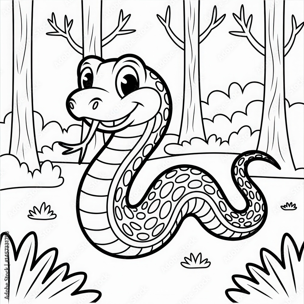 Fototapeta premium Cute Cartoon Snake in Forest Coloring Page