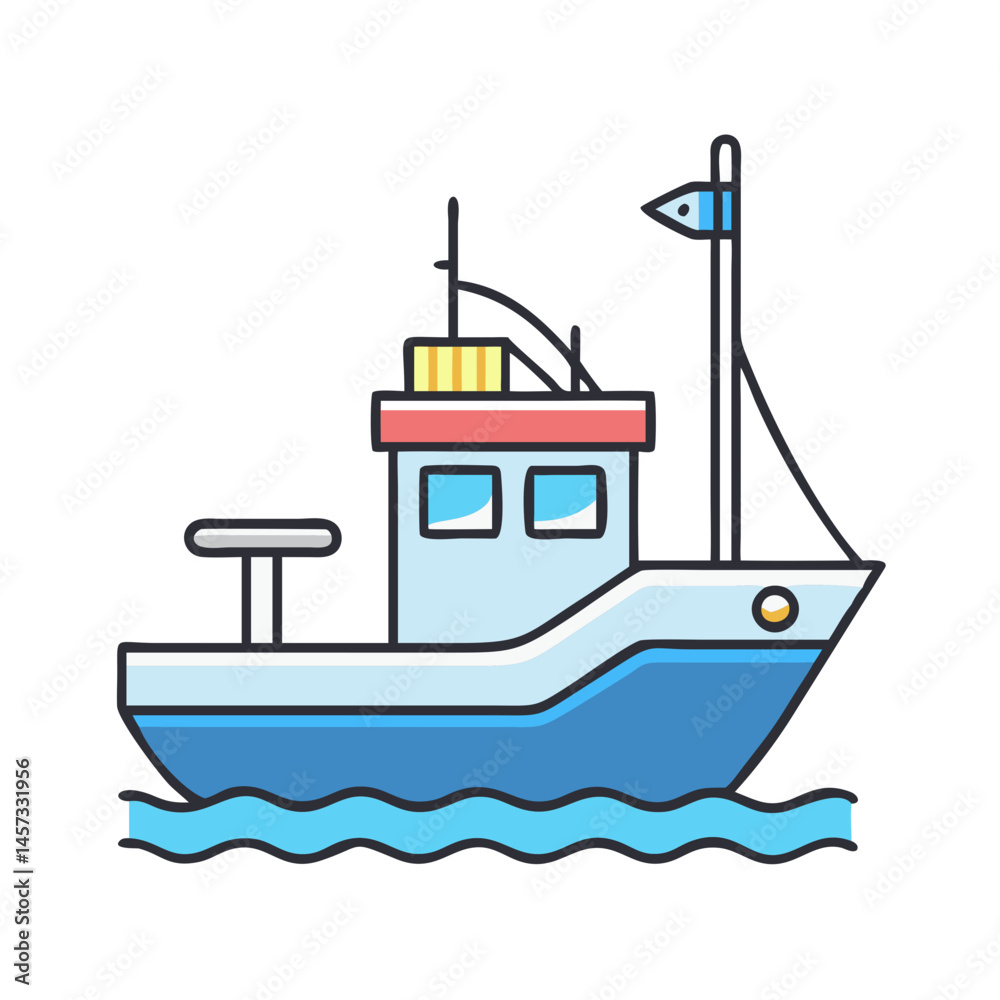 Obraz premium Illustration of fishing boat at sea for commercial use, cartoon boat vector design and art drawing