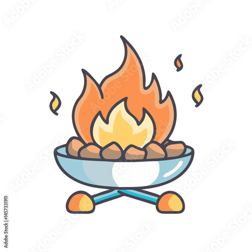 Campfire grill with flames vector illustration for outdoor cooking and camping activities