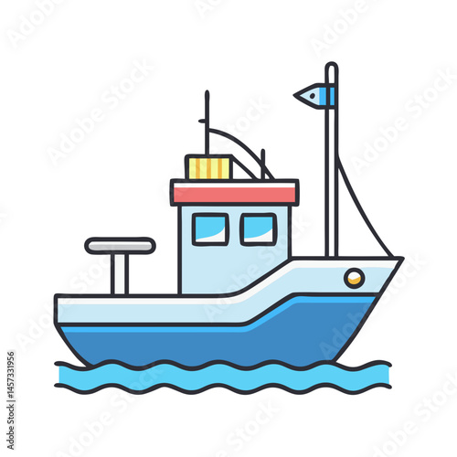 Illustration of fishing boat at sea for commercial use, cartoon boat vector design and art drawing