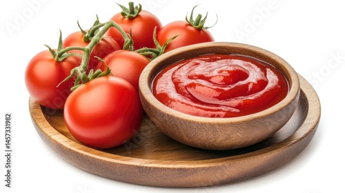 Fresh tomatoes and ketchup in a wooden bowl