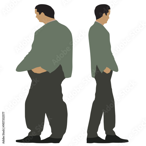 Conceptual fat overweight obese man vs slim fit healthy body after weight loss or diet, white background. A  fitness, nutrition or obesity, health care shape illustration vector as silhouettes