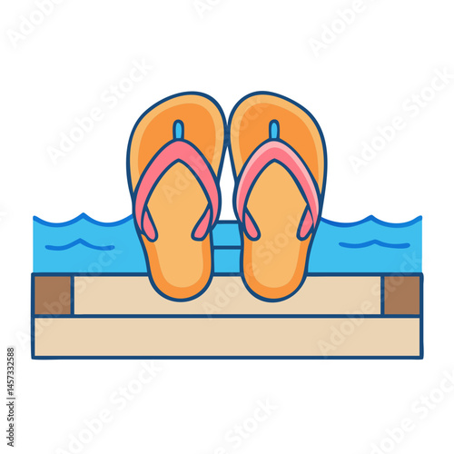 Illustration of summer beach flip flops on dock by ocean water vacation holiday footwear sandals