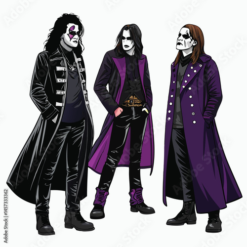 A captivating portrait of a gothic rock band, clad in long, dark coats, sporting dramatic white face paint, exuding an air of brooding intensity and melancholic beauty.