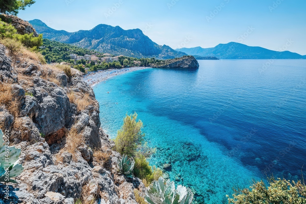 Stunning coastal view of a turquoise bay, with a rocky cliff edge, a sandy beach, and lush greenery. Clear waters, mountains in the background, and bright sunlight Stunning coastal view of a turquoise bay, with a rocky cliff edge, a sandy beach, and lush greenery. Clear waters, mountains in the background, and bright sunlight