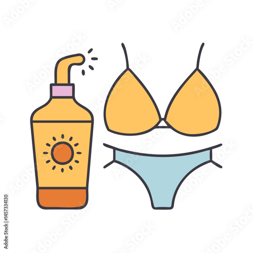 Sunscreen lotion and bikini vector illustration for summer beach vacation skin care protection