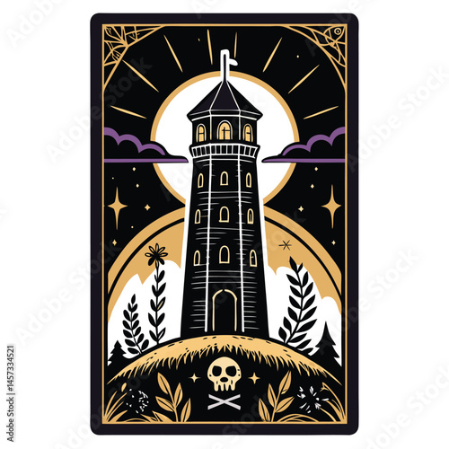 Create a gothic-style tarot card illustration depicting Death and the transformation of life; focus on dark, symbolic imagery and rich detail.