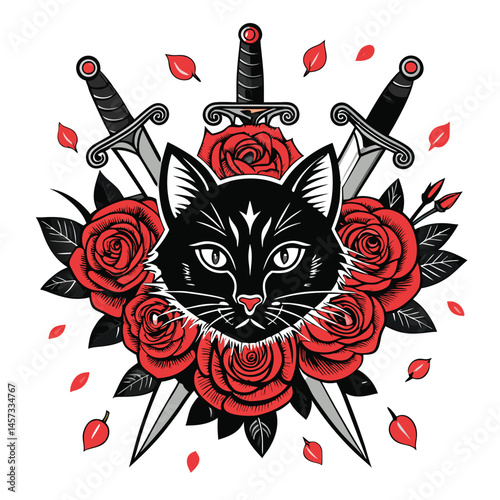 A gothic-style cat, adorned with intricate tattoos, lovingly enveloped by a vibrant arrangement of red roses and dangerous daggers.