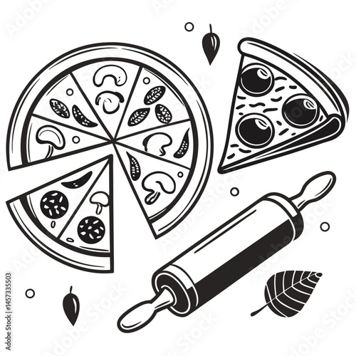 Pizza Making Vector Set: Sliced Pizza, Slice, and Rolling Pin Line Art