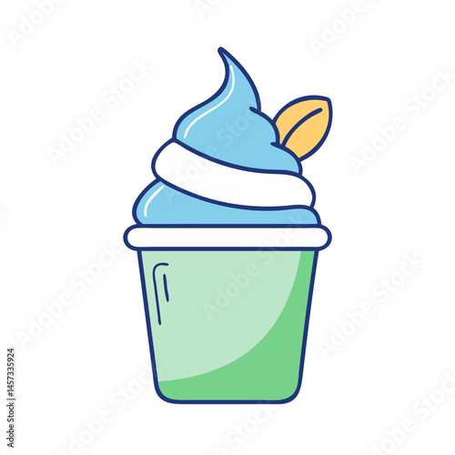 Delicious blue soft serve ice cream in a cup with leaf topping summer dessert treat vector