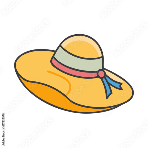 Illustration of a yellow summer hat with a ribbon and brim for sun protection fashion wear
