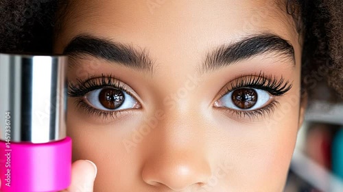 Close-Up of Beautiful Young Girl with Stunning Eyes and Defined Eyebrows in Vibrant Colorful Background