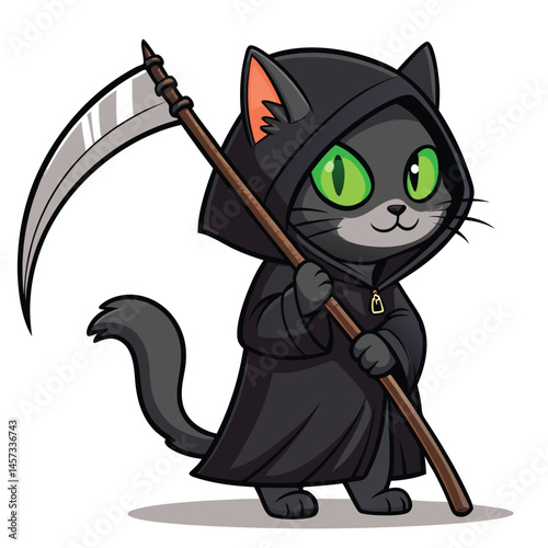 A cute, grim reaper cat, wearing a tiny hood, holds a miniature scythe. Dark, whimsical, gothic style illustration.