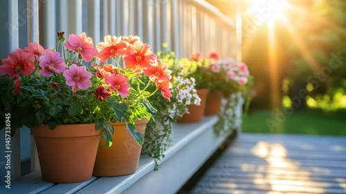 Wallpaper Mural Flowering plants in terracotta pots adorn a sunlit outdoor porch Torontodigital.ca