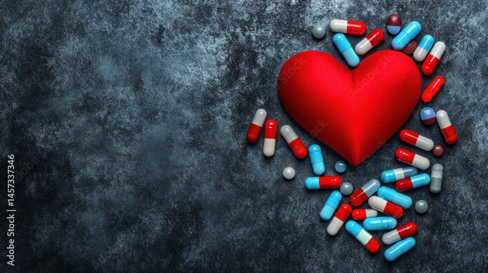 Red heart and colorful pills on dark background Red heart and colorful pills on dark background