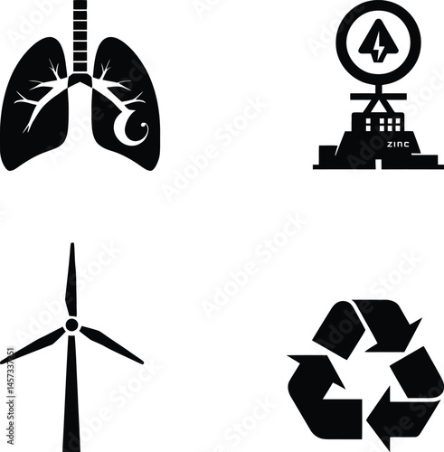Environmental Sustainability Symbols – Representation of Renewable Energy, Recycling, and Air Quality Vector Illustration
