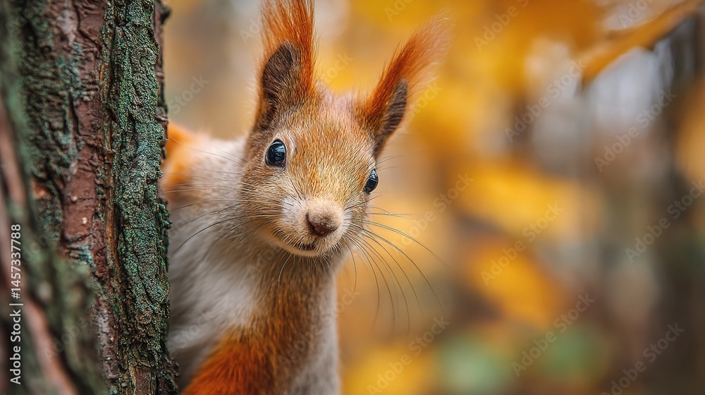 Funny Red-Haired Squirrel Peeking from Tree Trunk in Autumn Colors Funny Red-Haired Squirrel Peeking from Tree Trunk in Autumn Colors