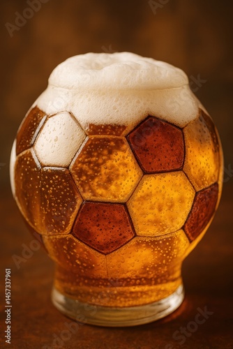 Refreshing beer served in a unique soccer ball-shaped glass, perfect for sporting events and celebrations. photo